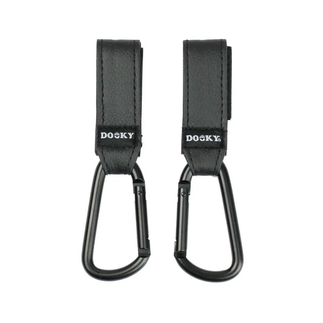 Dooky Buggy Hook Small (2pcs) Black – Heavy Duty Stroller Hooks for Pram & Baby Stroller, 360° Rotating Adjustable Straps, Aluminium Carabiner Clip for Diaper/Nappy Bags, Shopping Bags & Handbags
