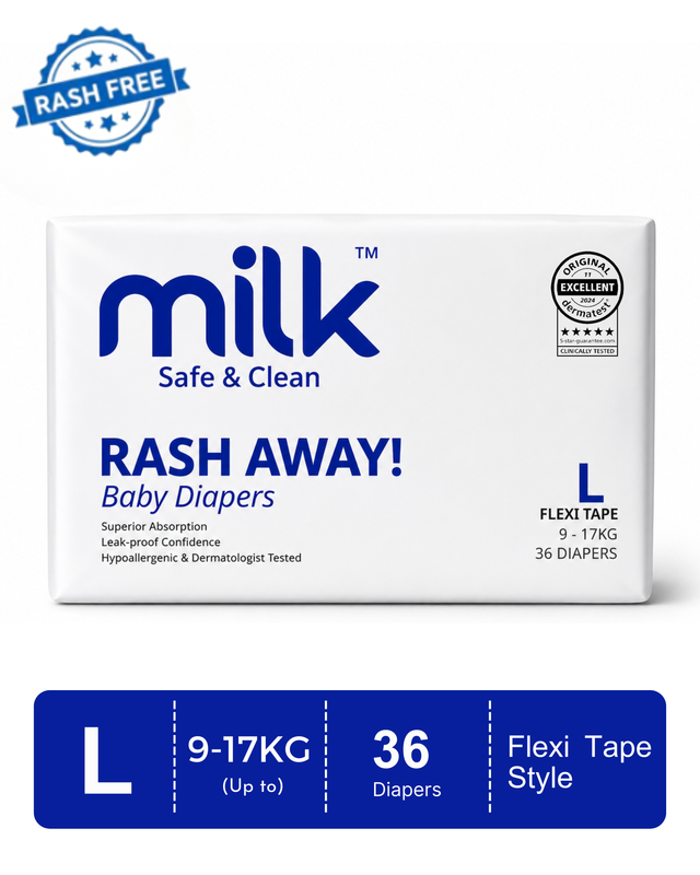 MILK Baby Diaper Flexi Tape , Size L - 36 Pcs, 9 To 17 KG