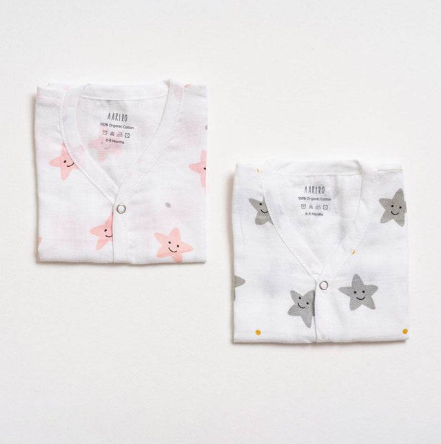 Aariro Muslin Jabla set - Peach Smiley Star (2 Pcs)