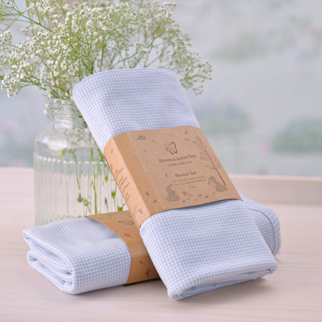 Blooms and Butterflies Knitted Receiving Blanket - Blue Fog