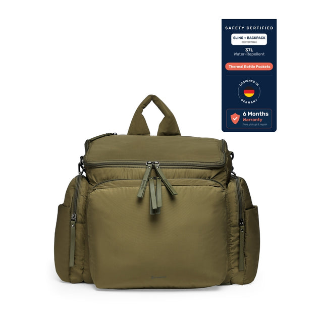 Growgether MOVA Diaper Bag | Water Repellent | Convertible Sling | Thermal Pockets | 6 Months Warranty - Olive