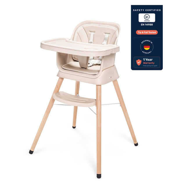 Growgether ORBIT 4-in-1 Wooden High Chair | Converts to Booster Seat & Stool | 5-Point Safety Harness & Double Tray | 6-36 Months (Upto 15 kg) | 1 Year Warranty
