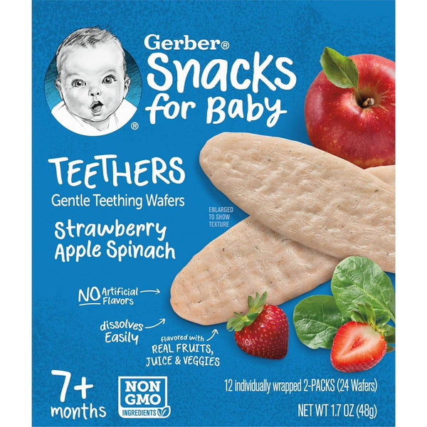 Gerber Teethers Gentle Teething Wafers, 7+ Months, Strawberry Apple Spinach - 48g - BabyAmore