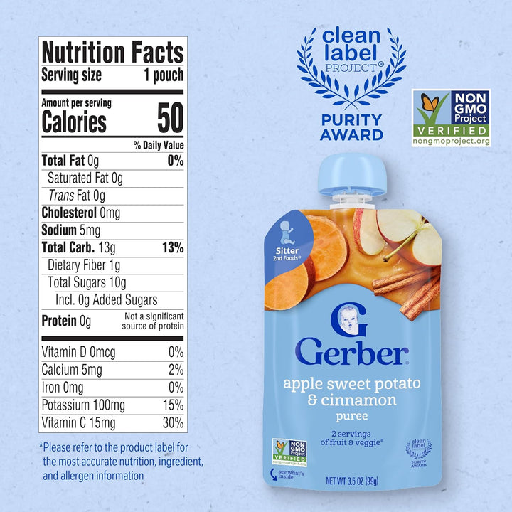 Gerber apple sweet potato puree pouch with nutrition facts, 99g, rich in vitamin C and potassium, ideal for babies.