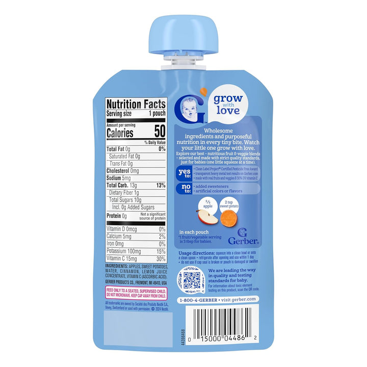 Gerber Apple Sweet Potato Puree Pouch nutrition facts label highlighting wholesome ingredients and nutritional value.