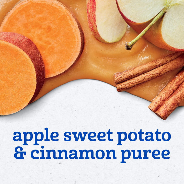 Gerber apple sweet potato puree pouch with apple slices, sweet potato, and cinnamon on a textured background.