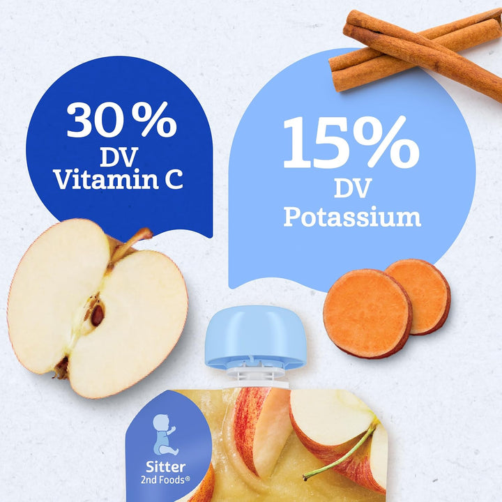 Gerber Apple Sweet Potato Puree Pouch highlighting nutrition facts: 30% DV Vitamin C and 15% DV Potassium.