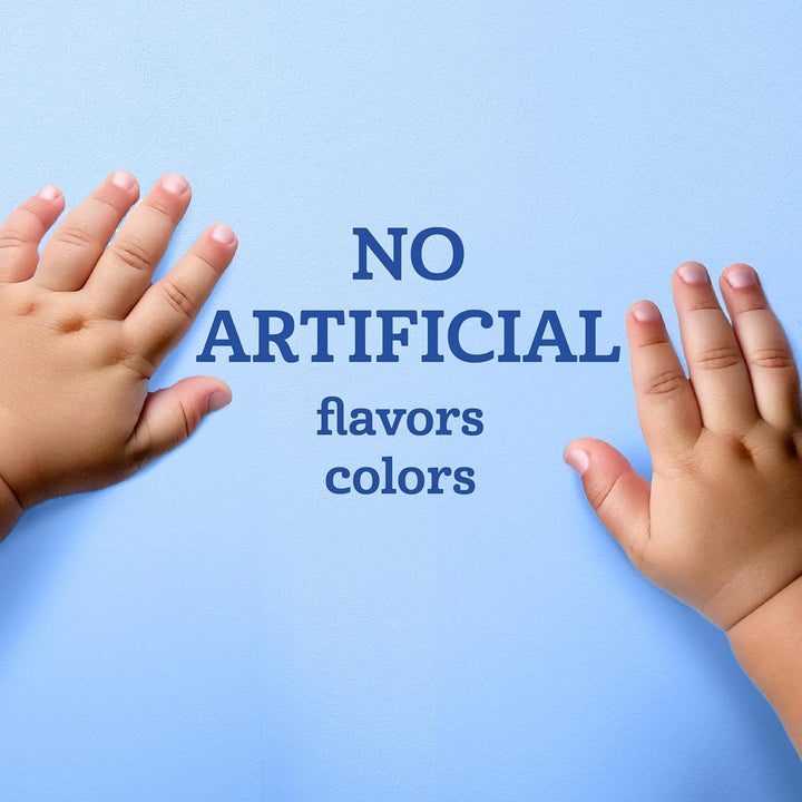Child's hands on a blue background with a text that reads 'No Artificial Flavors Colors', promoting healthy eating.