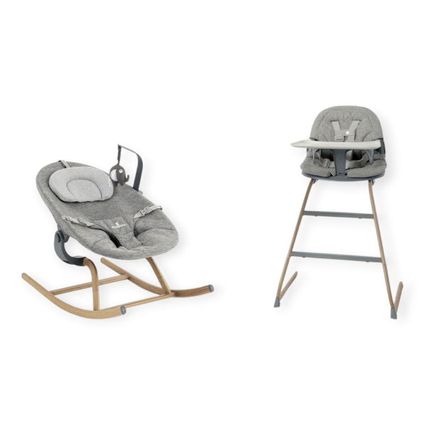 Growgether Gravity High Chair & Baby Rocker Newborn Combo | Ergonomic High Chair (6M-5Y) with 5-Point Harness + Newborn Rocker (0-6M) with 3-Position Recline | Tool-Free Click System, Washable Covers