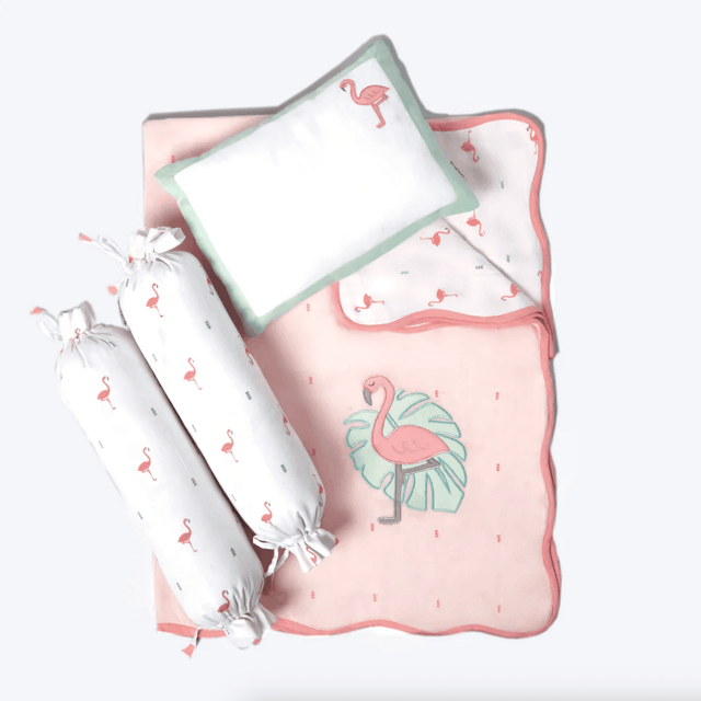Masilo Mini Cot Set – Hello Flamingo (With Quilted Blanket)