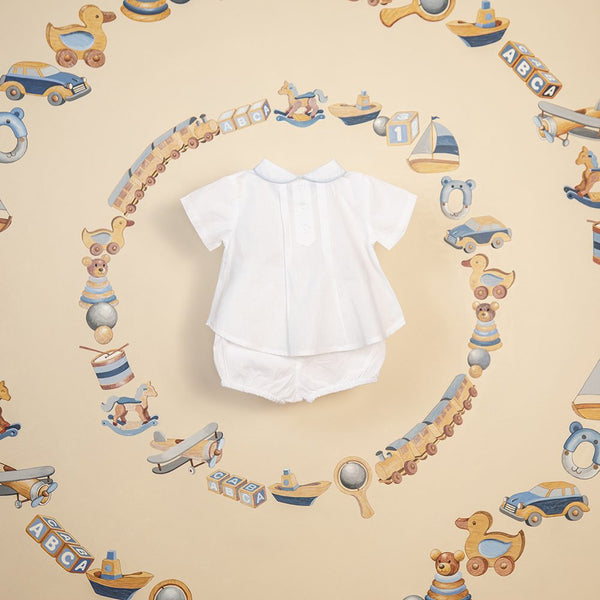 Blooms and Butterflies New Born Boy Suit White Blue Piping