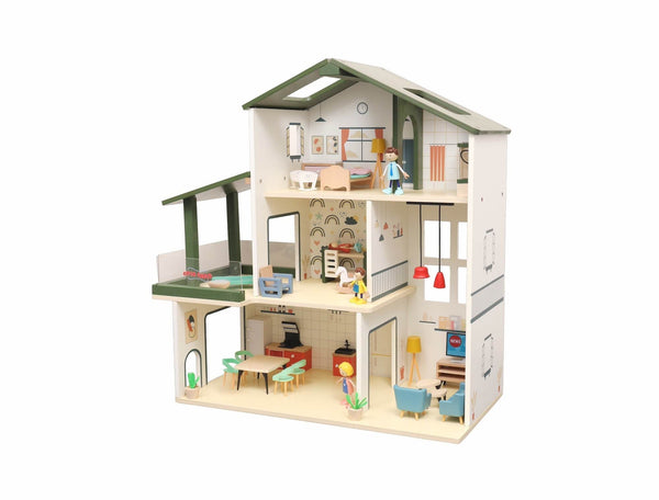 Open Ended Wooden Dollhouse - Modern Villa (31 pcs furniture including 4 doll figures included) - BabyAmore