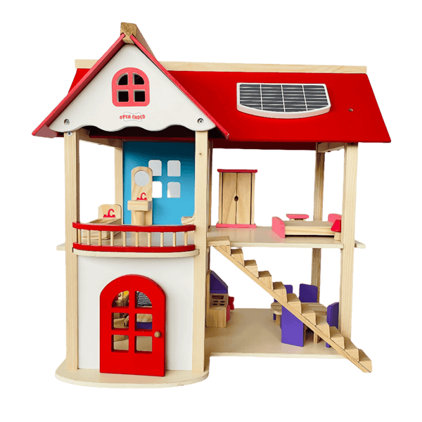 Open Ended Wooden Dollhouse - Redwood Cottage (19 pcs furniture 2 doll figures included) - BabyAmore