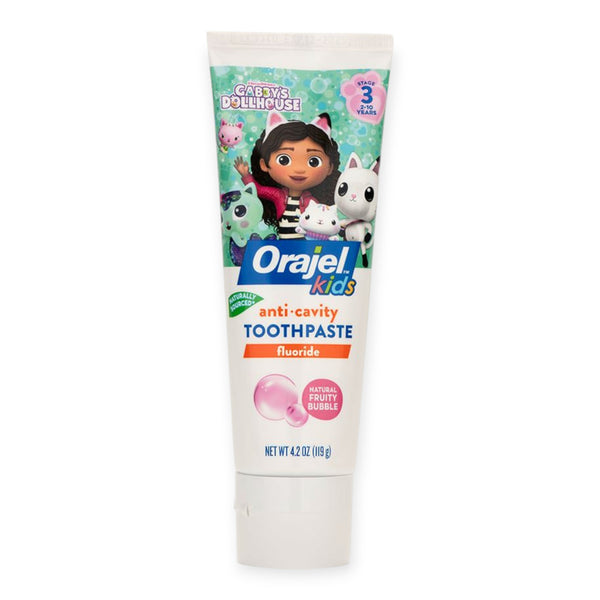 Orajel Kids Anti Cavity Toothpaste Fluoride Gabbys DollHouse, 119g - Stage 3, 2-10Yrs Natural Fruity Bubble Flavor