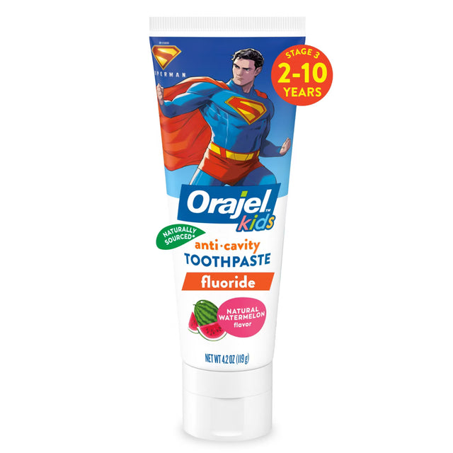 Orajel Kids Anti Cavity Toothpaste Fluoride Superman, 119g - Stage 3, 2-10Yrs Natural Watermelon Flavor
