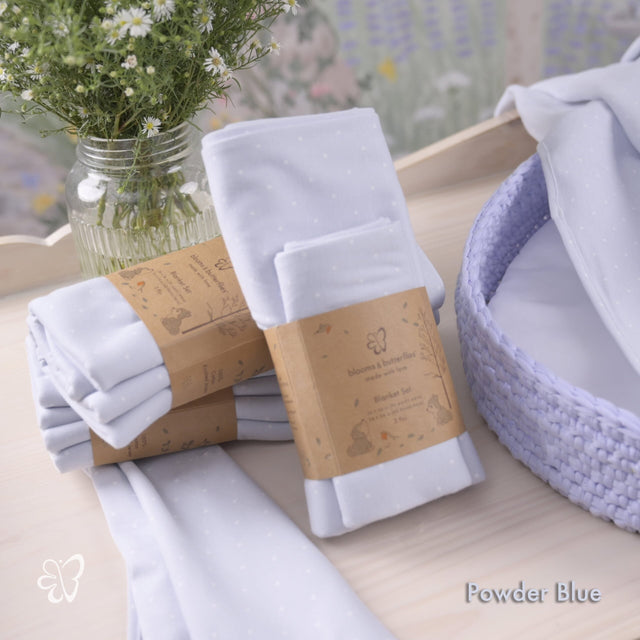 Blooms and Butterflies Knitted Receiving Blanket Set Powder Blue