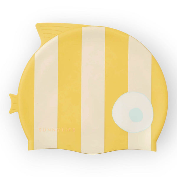 SUNNYLiFE Kids Swimming Cap Finn the Fish Mustard Stripe - BabyAmore