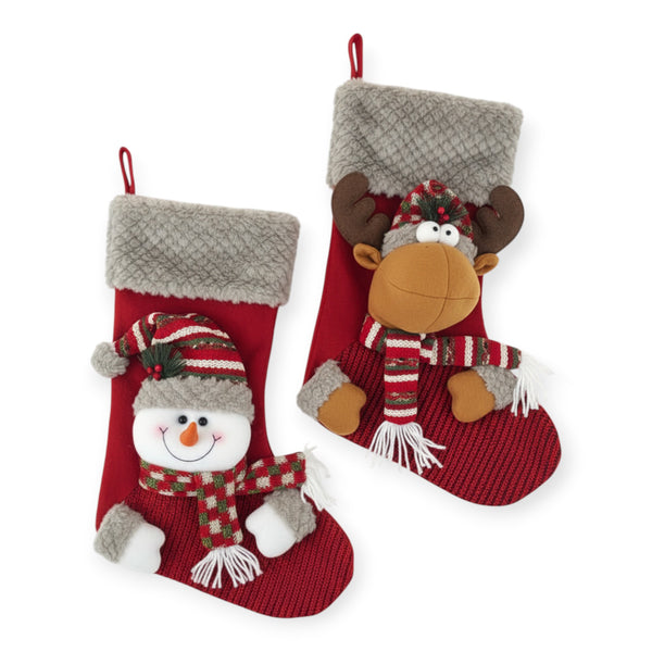 SWEN Oakley, Pack Of 2 Plush Character Christmas Stockings Snowman Stocking (Red), Reindeer Stocking (Red)