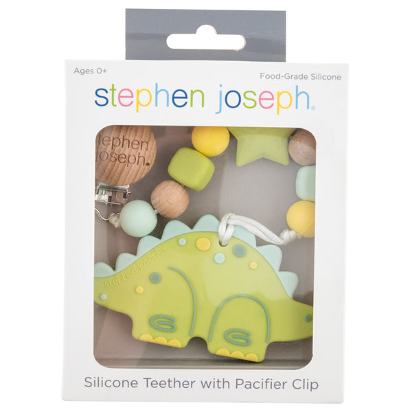 Stephen Joseph Silicone Teether With Pacifier Clip Dino