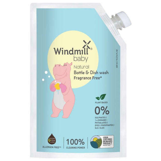 Windmill Baby Natural Bottle & Dish wash Fragrance Free, 450ml, Refill Pack